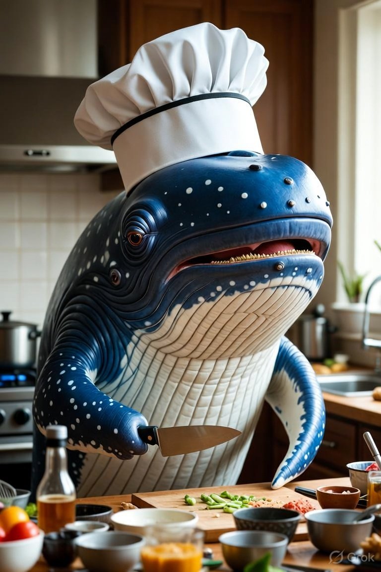 Anthropomorpher Blauwal mit Kochmütze und Messer in einer Küche, veröffentlicht von ParthM1001