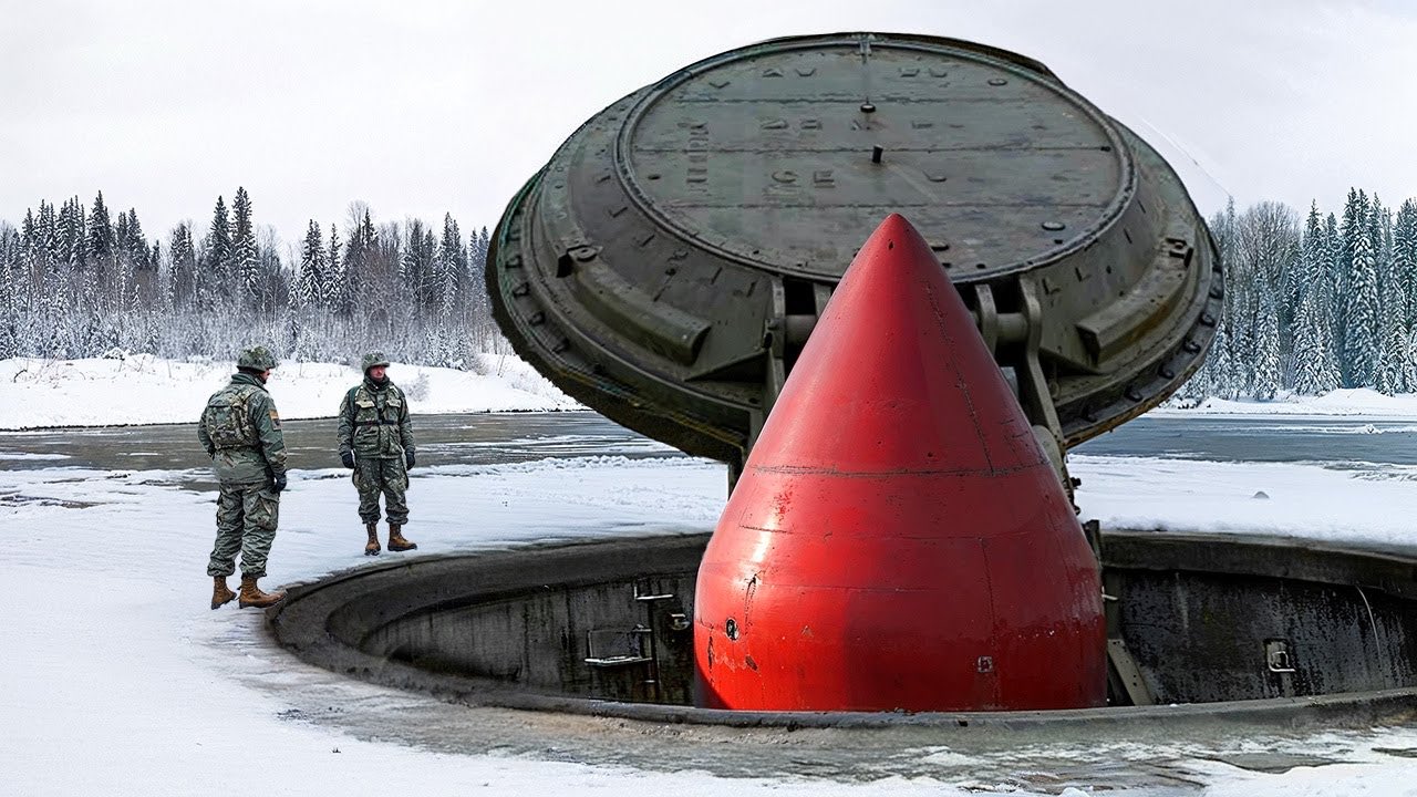 Deux militaires près d'une trappe circulaire ouverte dans la neige, d'où dépasse un grand cône rouge sous un couvercle métallique